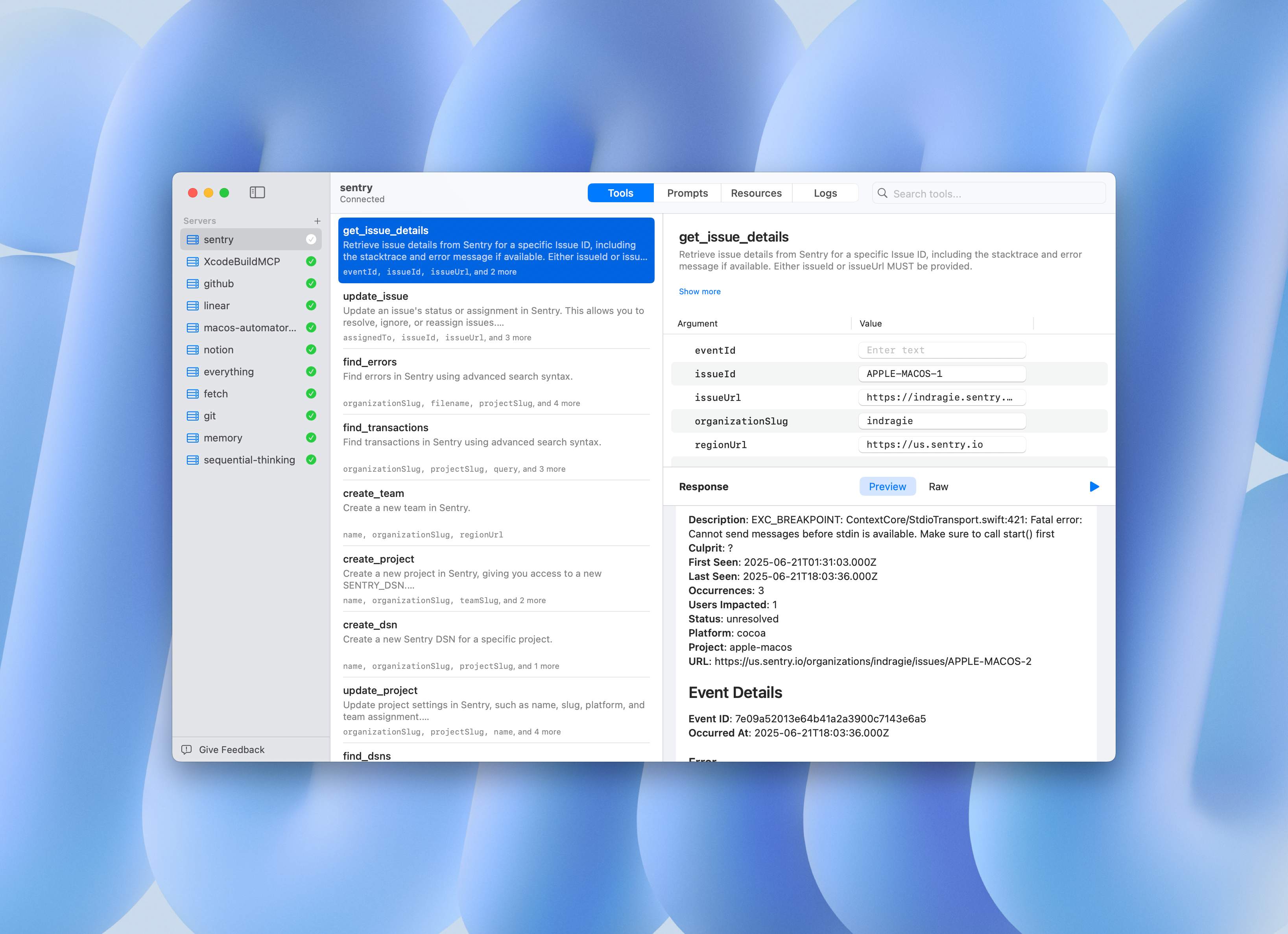 Context app screenshot showing Sentry issue details in Tools tab